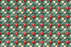 Classic holiday pattern of red and white ornaments with pine sprigs on a blue background.