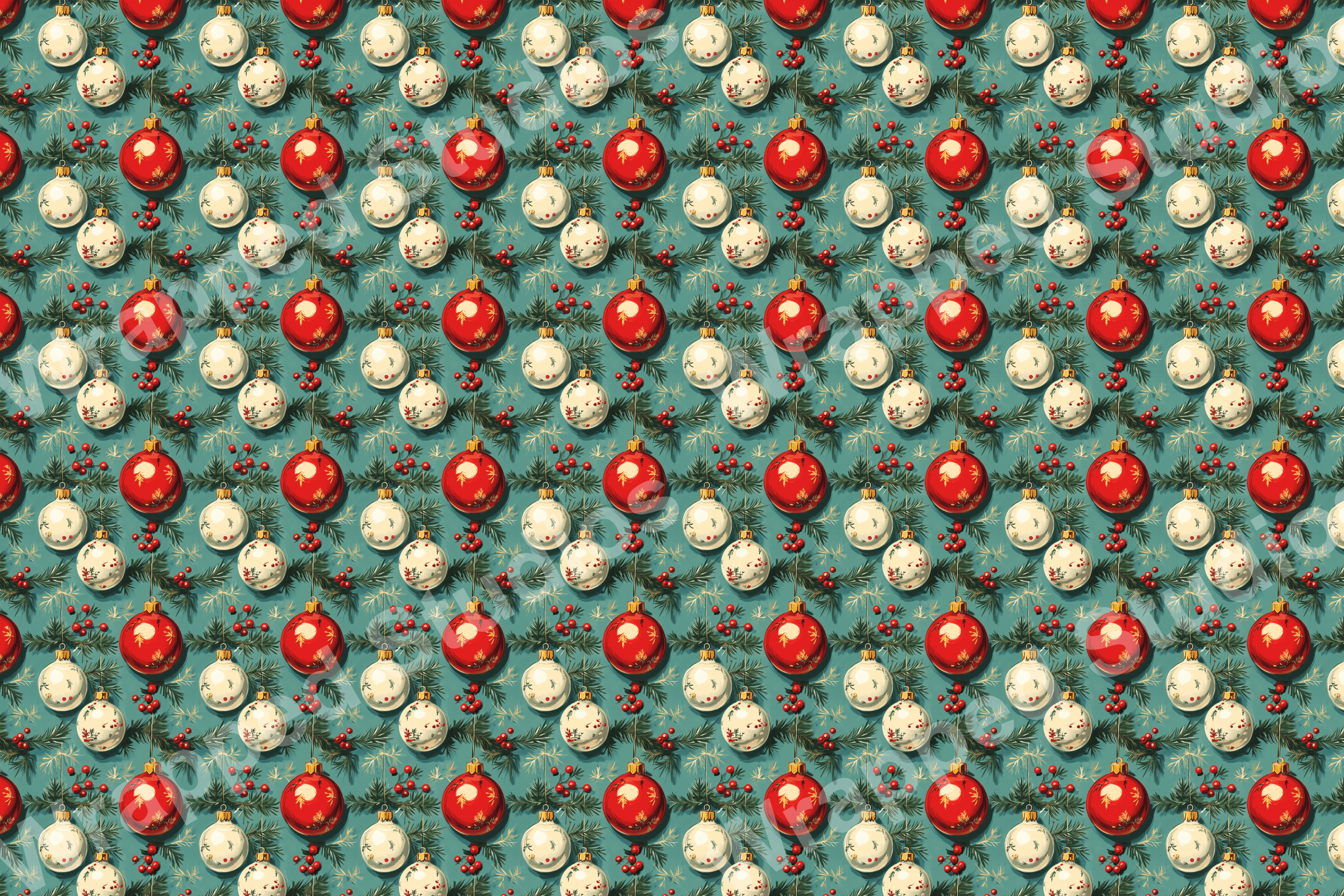 Classic holiday pattern of red and white ornaments with pine sprigs on a blue background.
