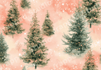 Vintage watercolor pine tree pattern with falling snow on a soft peach background.