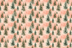 Watercolor Christmas tree pattern featuring green pine trees and falling snow on a soft peach pink background.