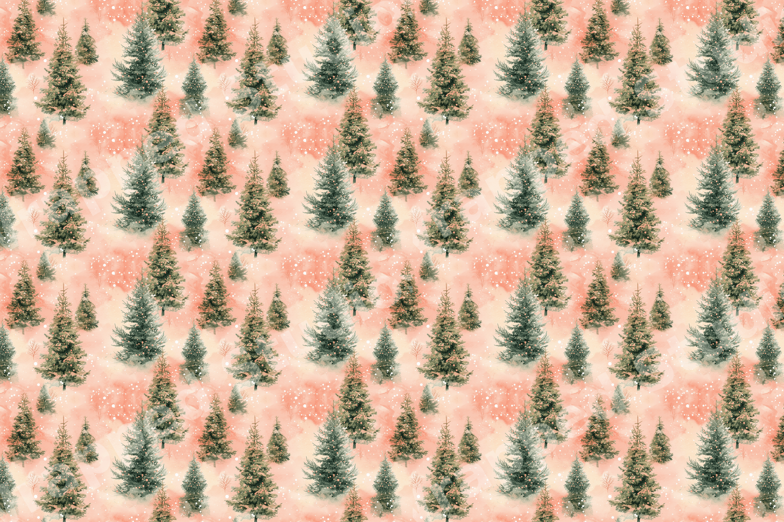 Watercolor Christmas tree pattern featuring green pine trees and falling snow on a soft peach pink background.