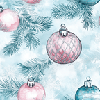 Seamless pattern with Christmas ornaments and pine branches in pink, blue, and silver on a light blue background.