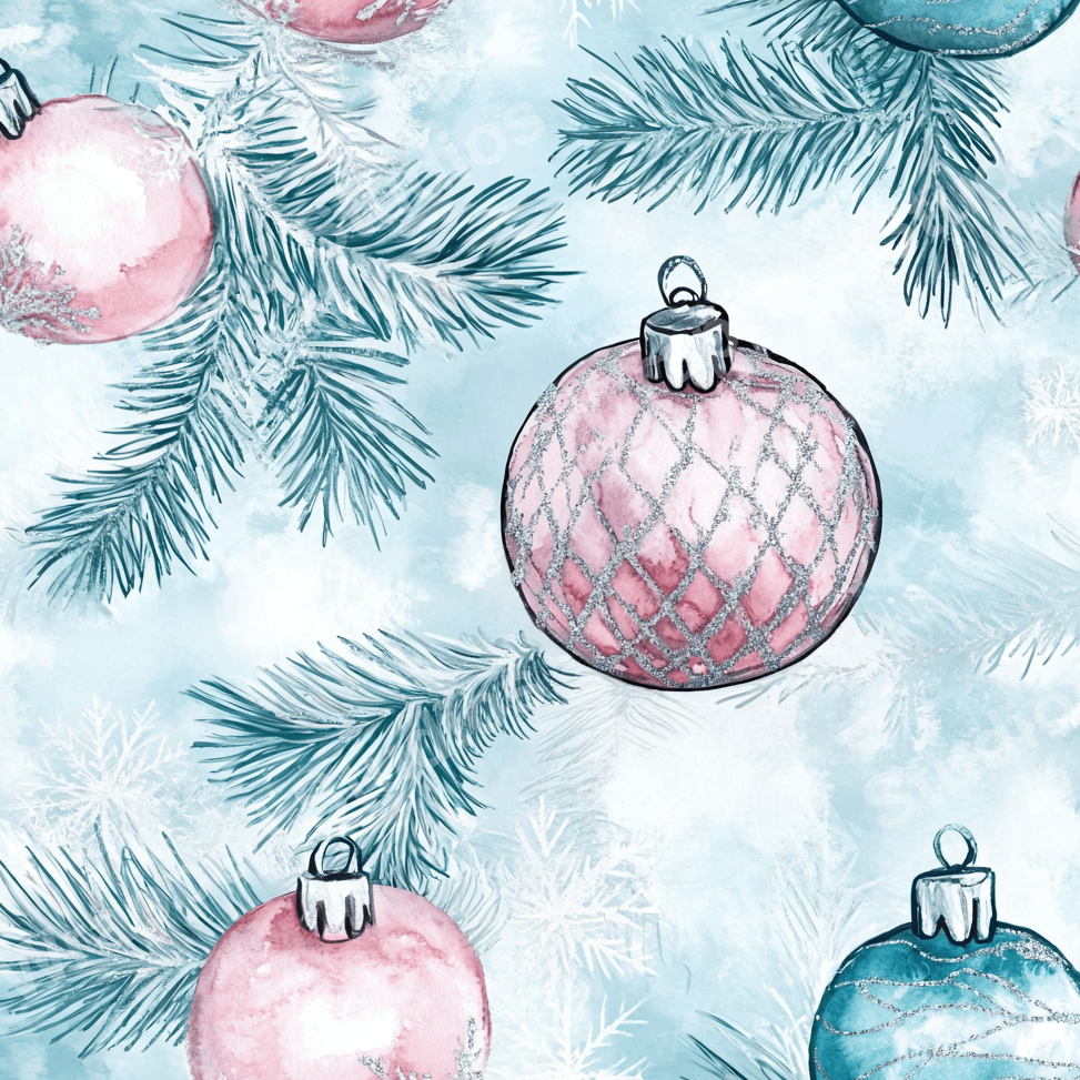 Seamless pattern with Christmas ornaments and pine branches in pink, blue, and silver on a light blue background.