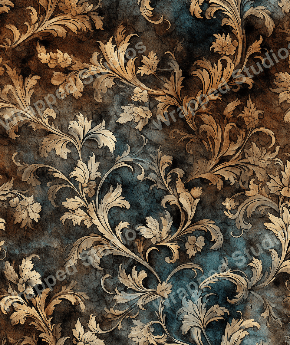 Elegant vintage botanical design with swirling floral and leaf motifs in bronze and brown tones on a textured teal backdrop.