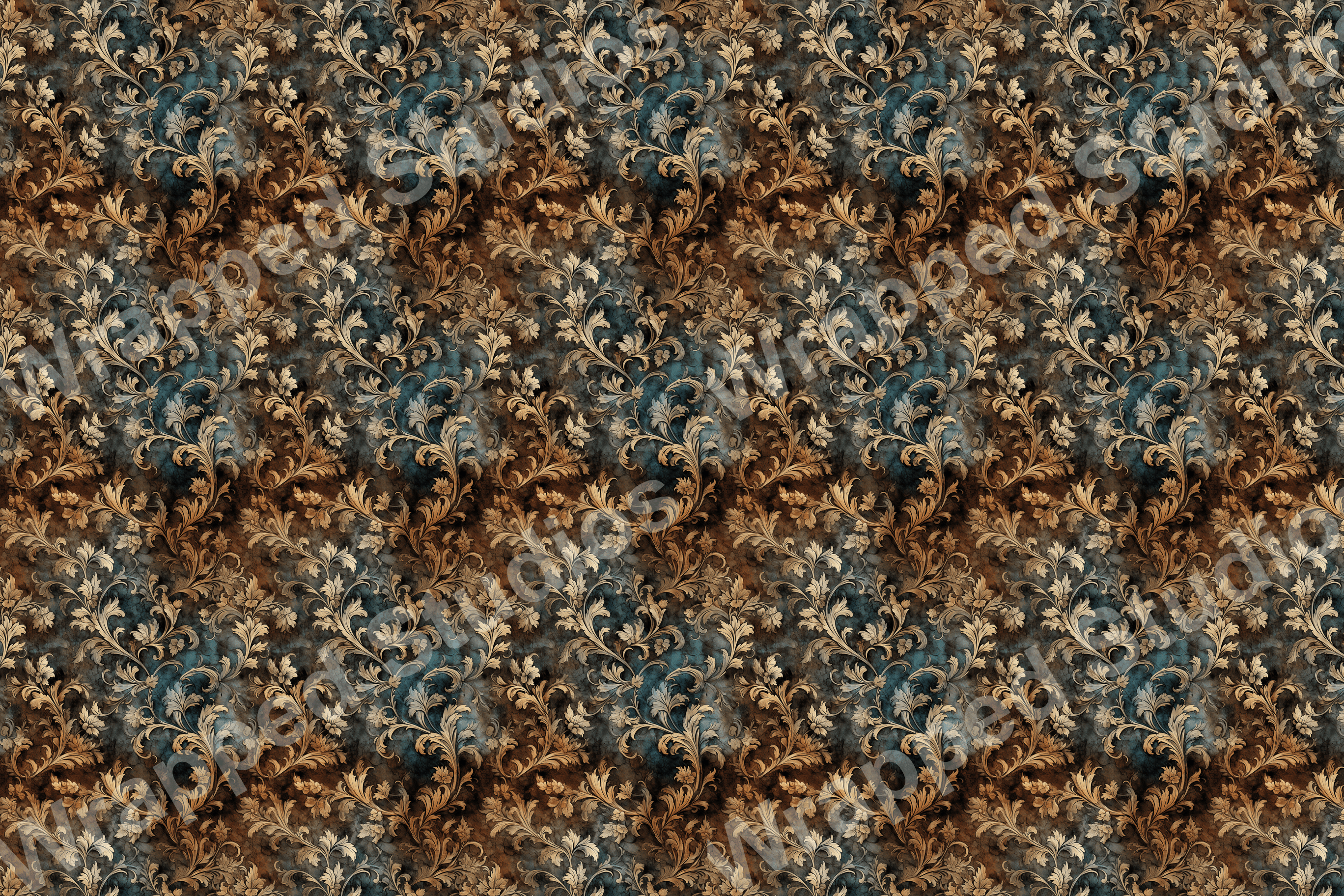 Elegant damask pattern featuring floral vines in gold and brown on a teal marbled background.