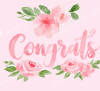 Elegant pink watercolor floral design with soft roses, green leaves, and congrats calligraphy.