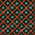 Christmas plaid pattern with white snowflakes, rich green, red, and gold tartan.