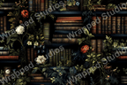 Dark academia pattern with stacks of books intertwined with a floral and botanical design.