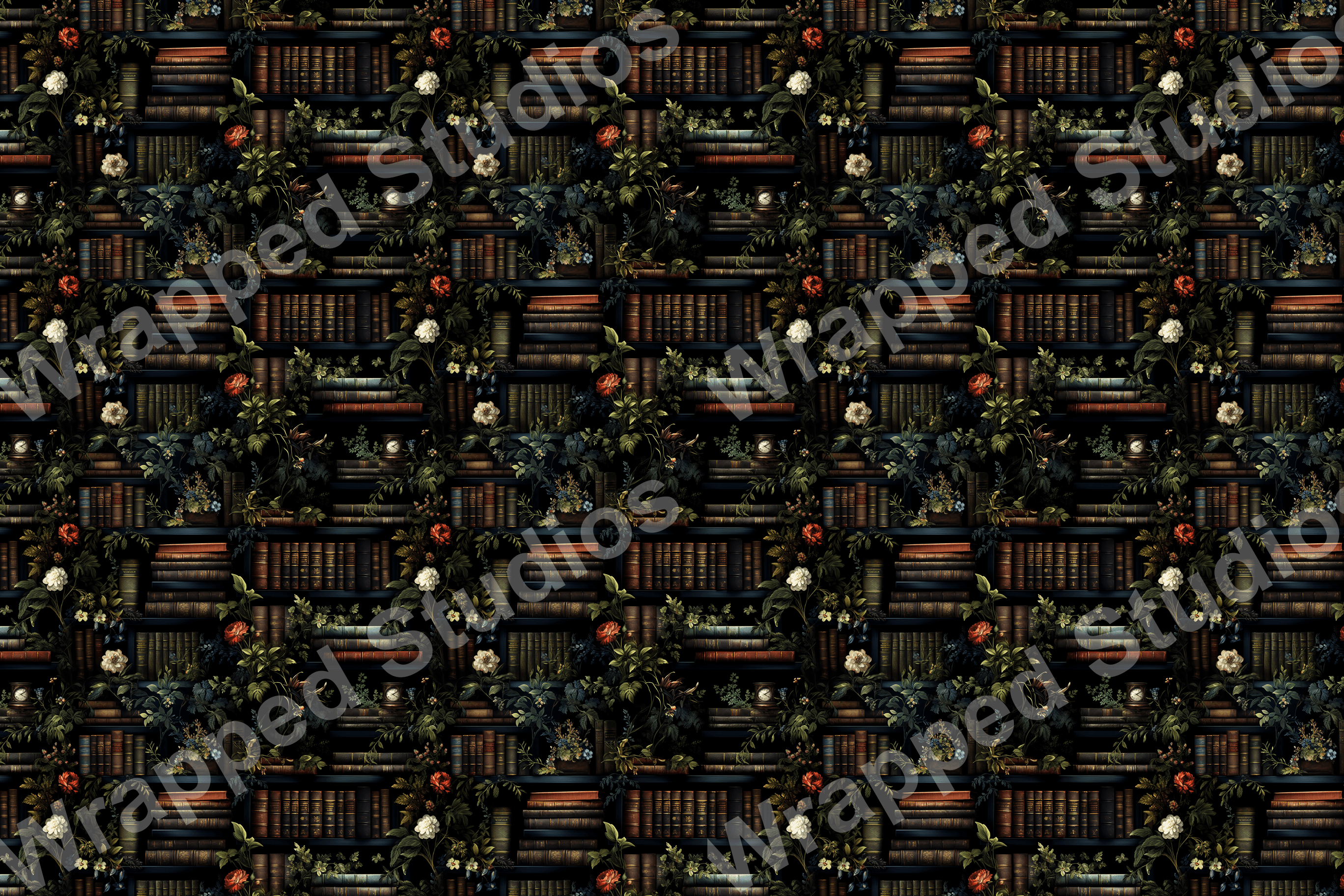 Dark academia style botanical pattern with stacks of books and roses.