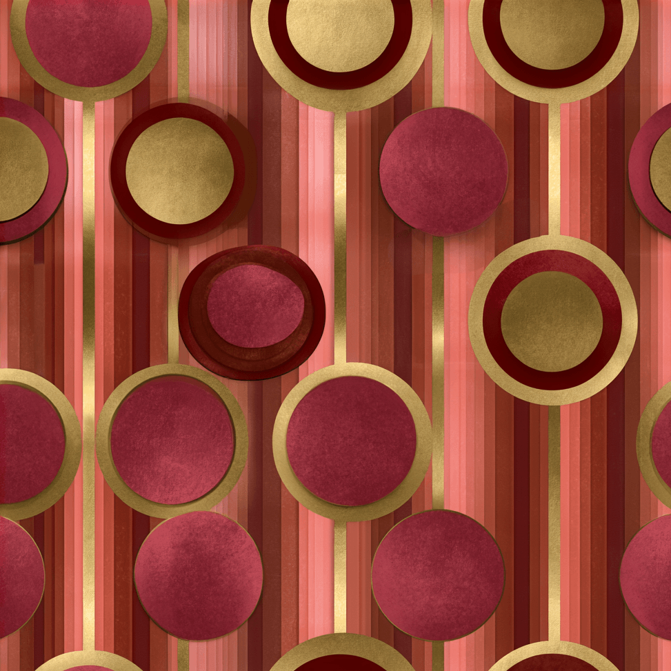 Elegant Art Deco geometric pattern featuring metallic gold and burgundy circles on red vertical stripes.