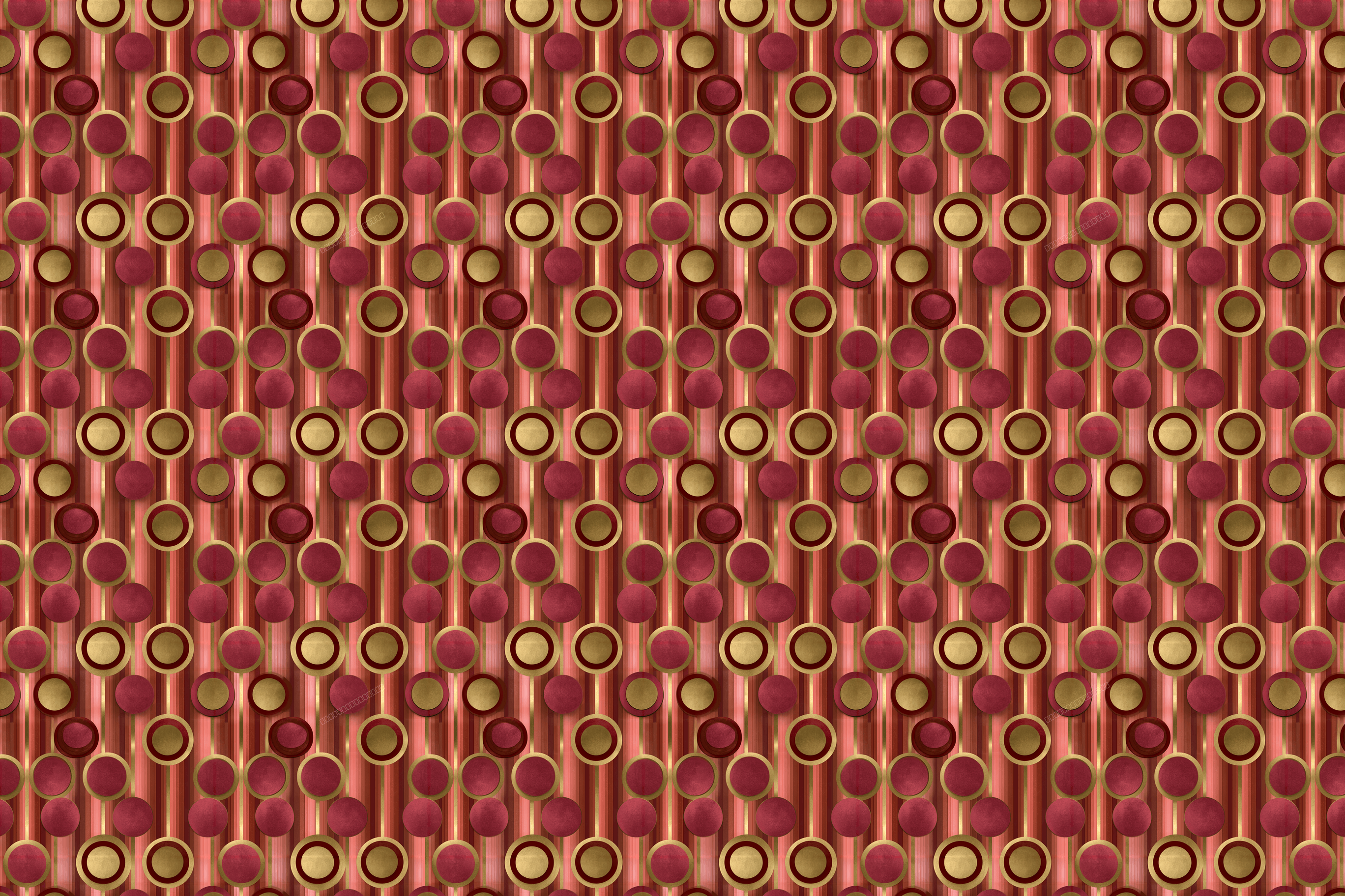 Elegant Art Deco geometric pattern with burgundy and gold circles over vertical stripes.
