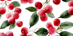 Seamless watercolor pattern of red berries and leaves on a white background.