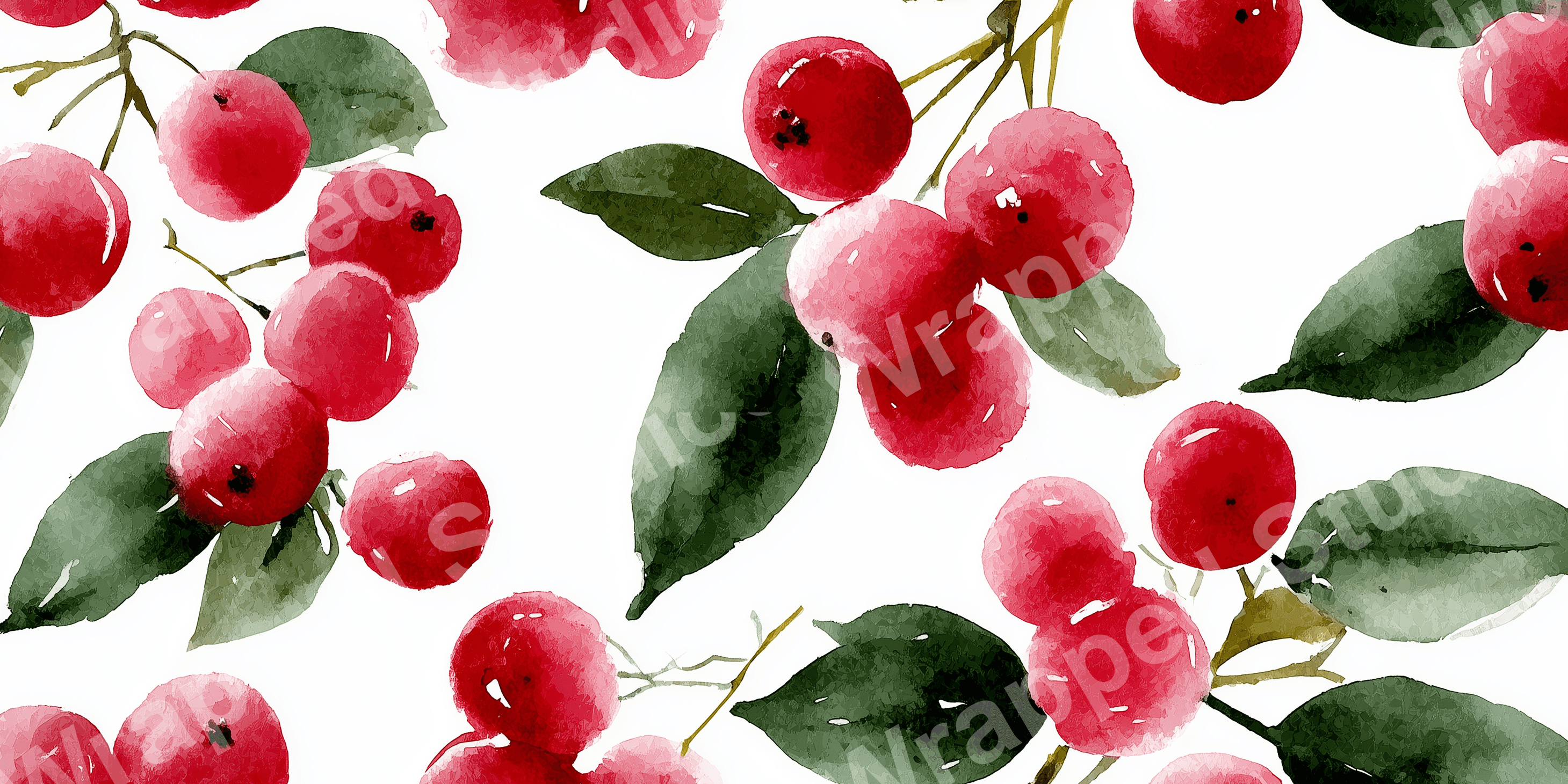 Seamless watercolor pattern of red berries and leaves on a white background.