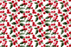 Watercolor floral pattern with red berries and green leaves on a white background.