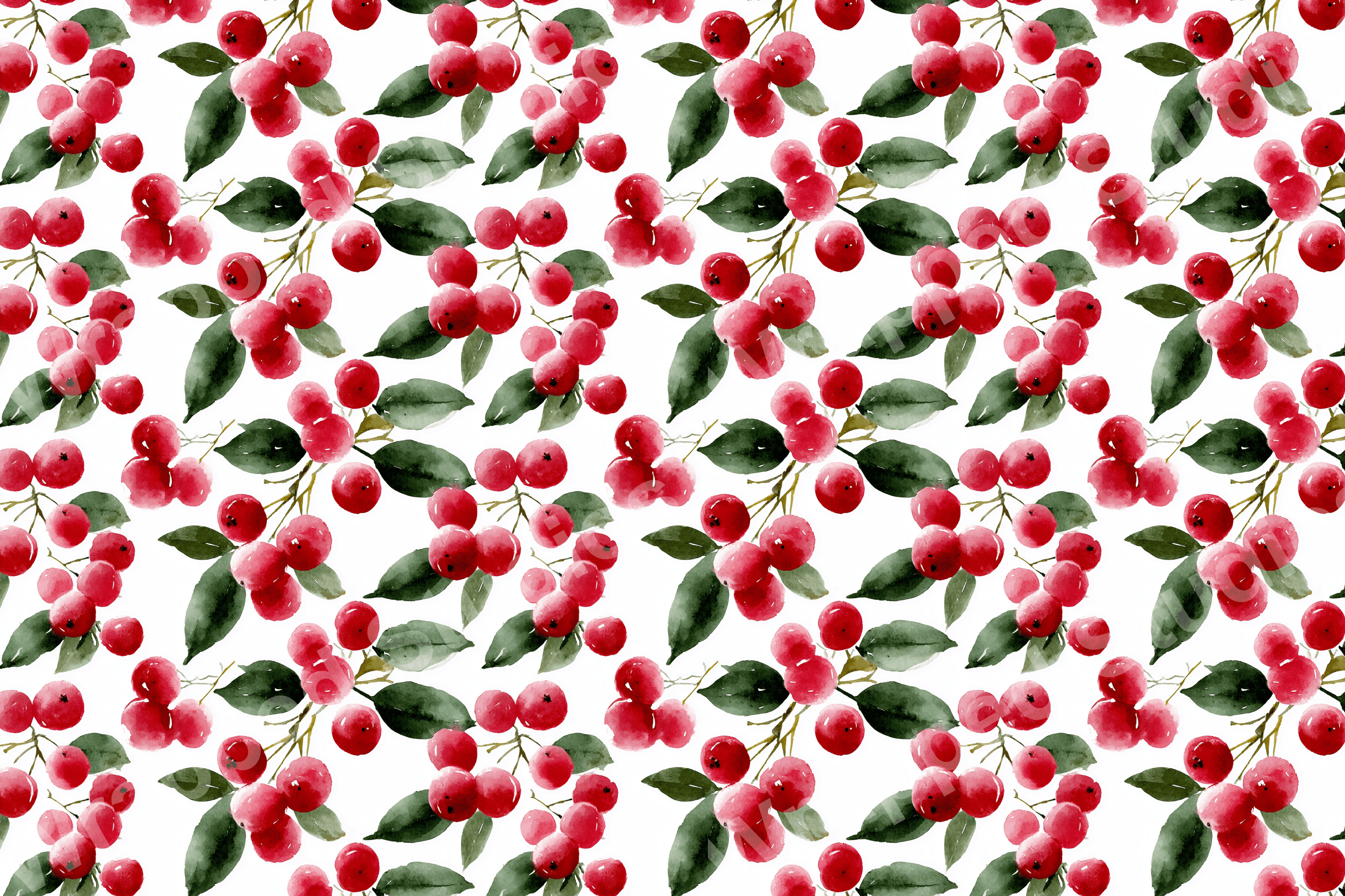 Watercolor floral pattern with red berries and green leaves on a white background.