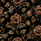 Vintage botanical pattern with moody copper flowers and ornate baroque leaves on a seamless black background.