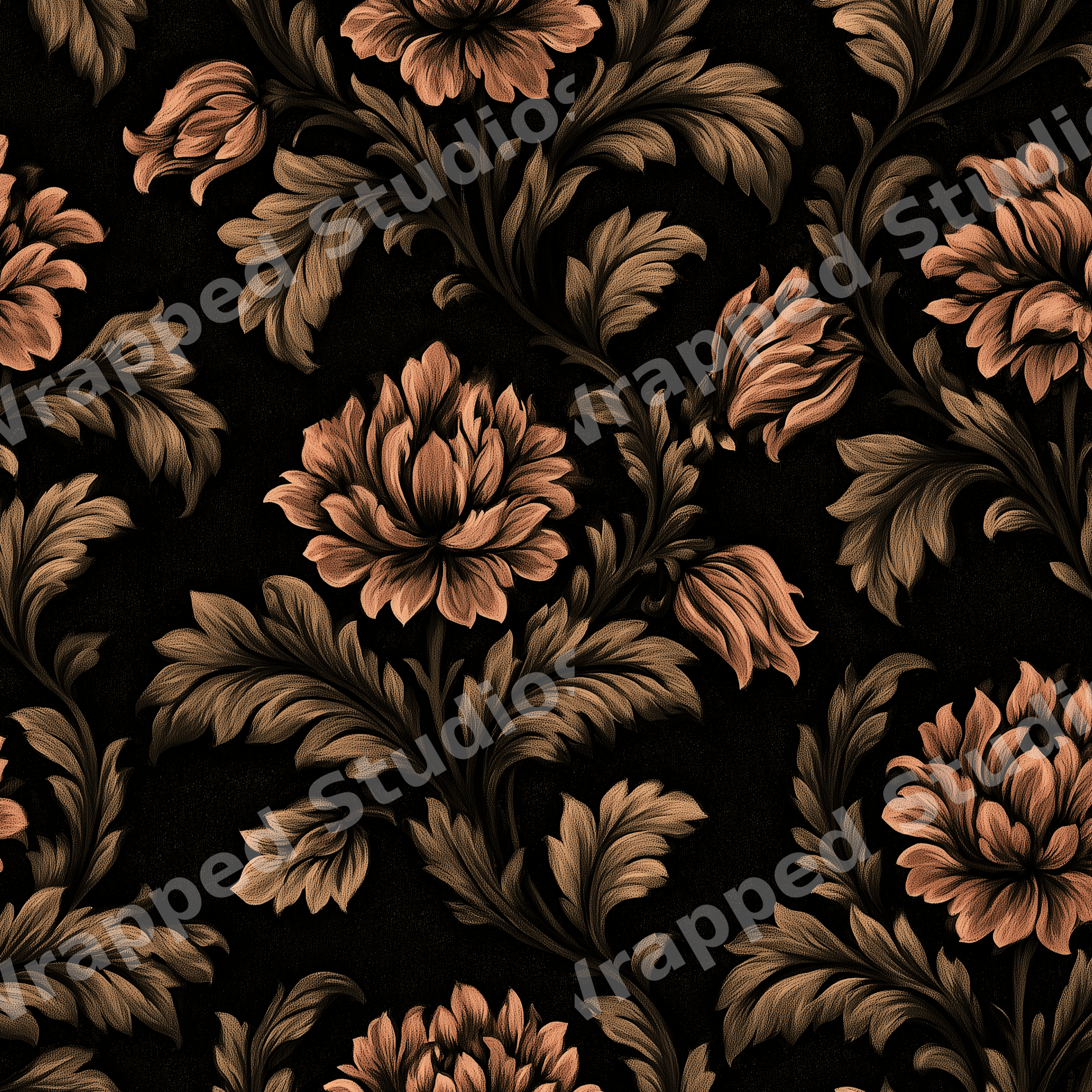 Vintage botanical pattern with moody copper flowers and ornate baroque leaves on a seamless black background.