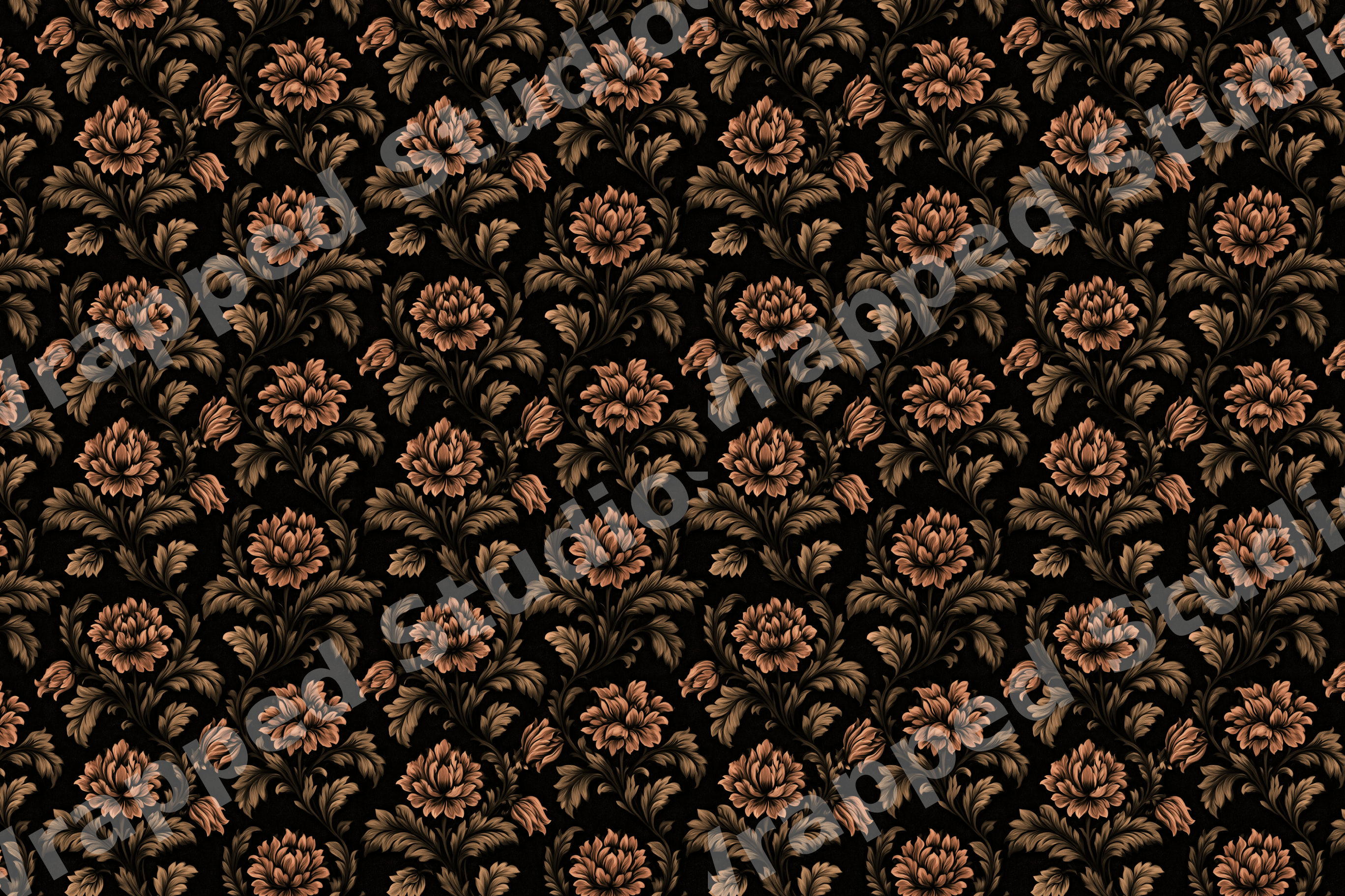 Vintage botanical design featuring elegant bronze floral patterns on a seamless black background.