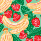 Playful hand-painted strawberry and banana fruit pattern on a mint green background.