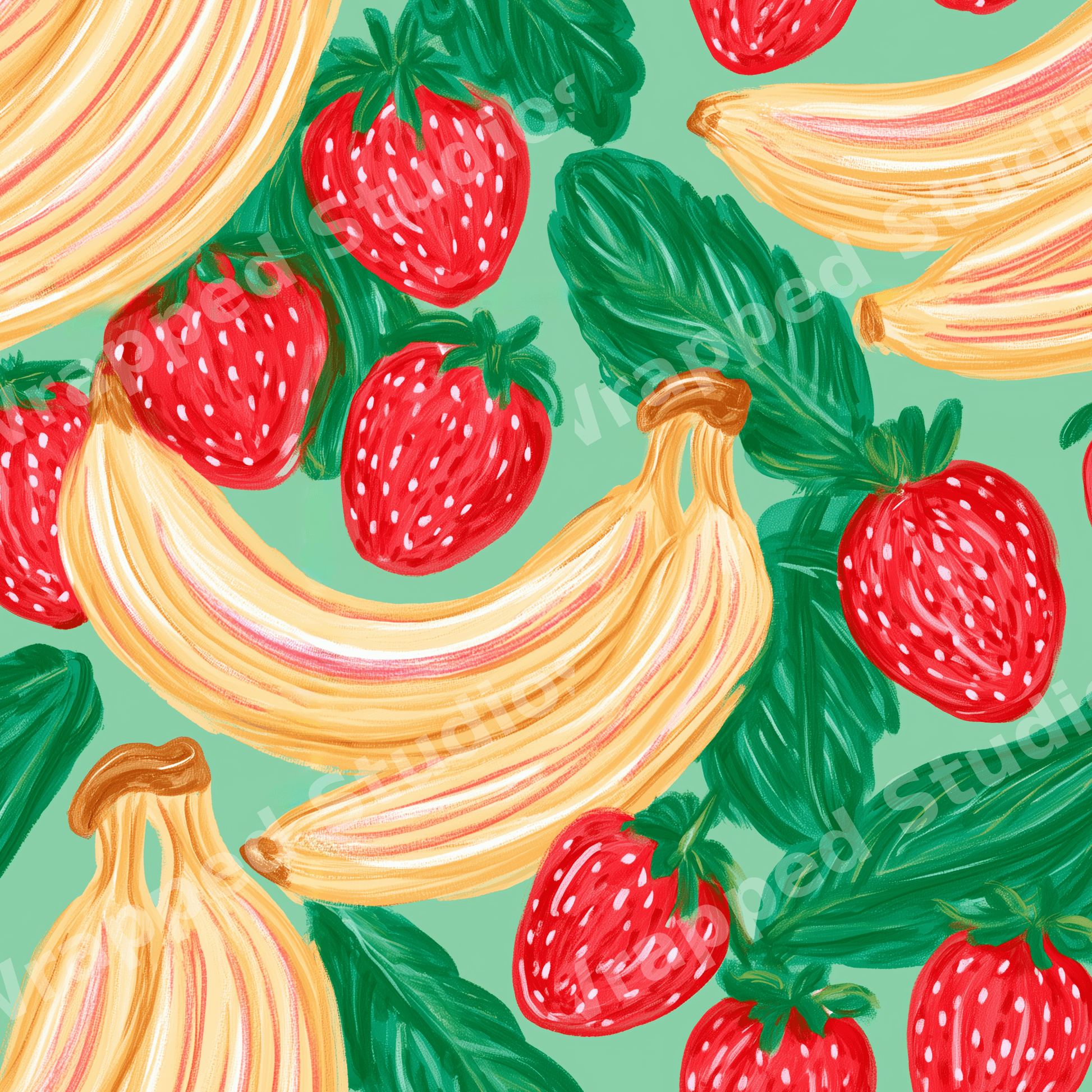 Playful hand-painted strawberry and banana fruit pattern on a mint green background.