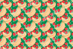 Playful seamless fruit pattern with hand-drawn yellow bananas and red strawberries on a mint green background.