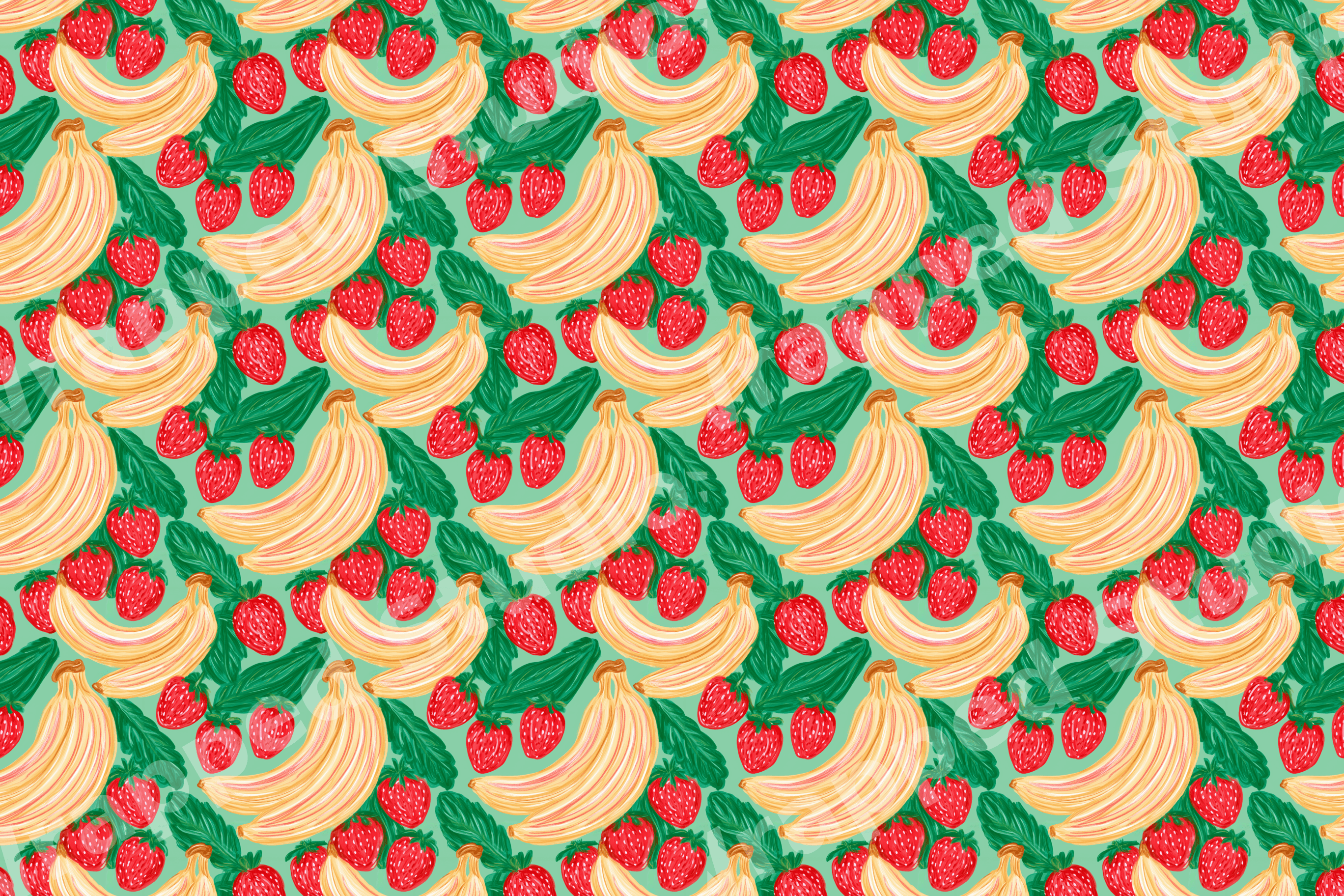 Playful seamless fruit pattern with hand-drawn yellow bananas and red strawberries on a mint green background.