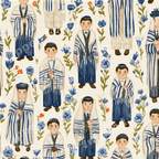 Judaica watercolor pattern of Jewish boys wearing blue and white tallit prayer shawls, kippahs, and blue flowers.
