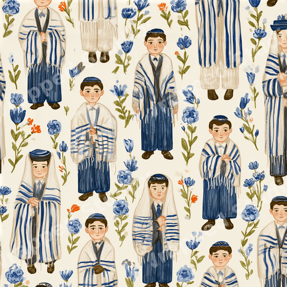 Judaica watercolor pattern of Jewish boys wearing blue and white tallit prayer shawls, kippahs, and blue flowers.