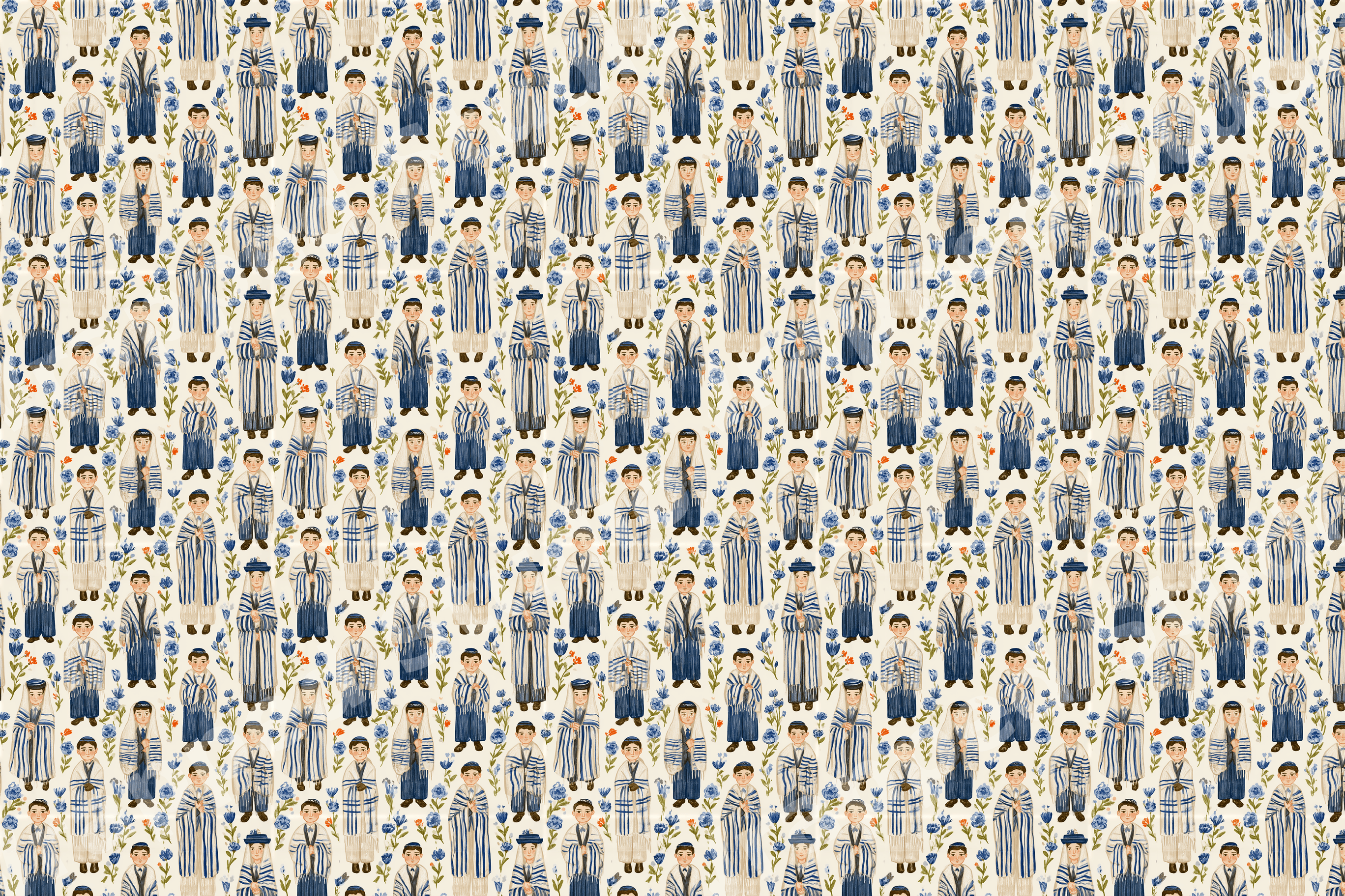 Watercolor Bar Mitzvah pattern featuring Jewish boys in tallit prayer shawls and blue flowers on cream.