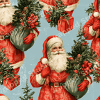Vintage Santa Claus pattern with Christmas trees in red and green on a light blue background.