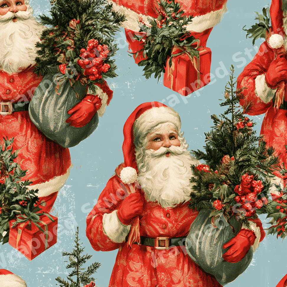 Vintage Santa Claus pattern with Christmas trees in red and green on a light blue background.