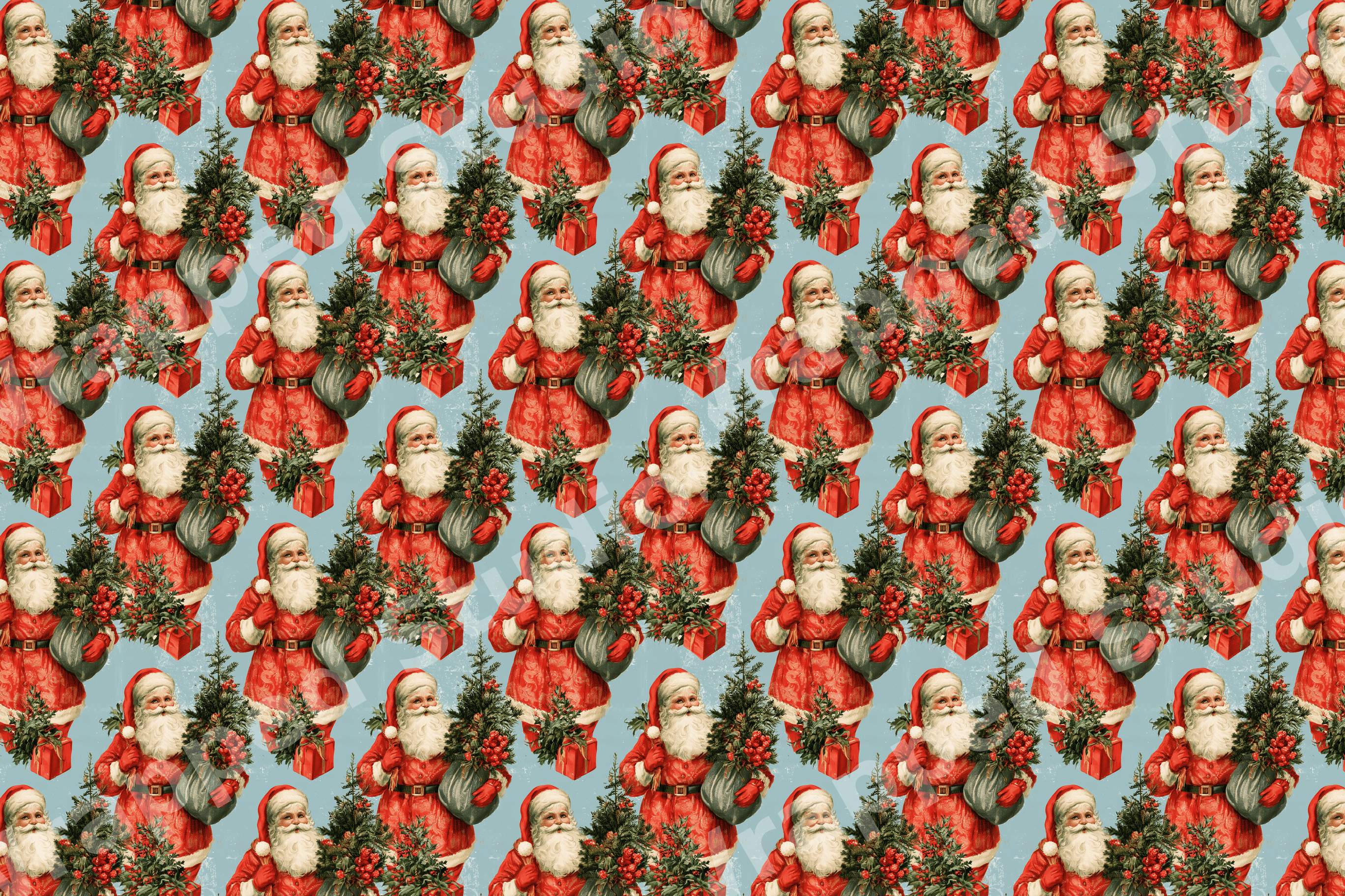Vintage Christmas pattern featuring retro Santa Claus illustrations with pine trees on a light blue background.