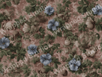 Vintage floral pattern with blue pansies and botanical illustrations on a muted rosy brown background.