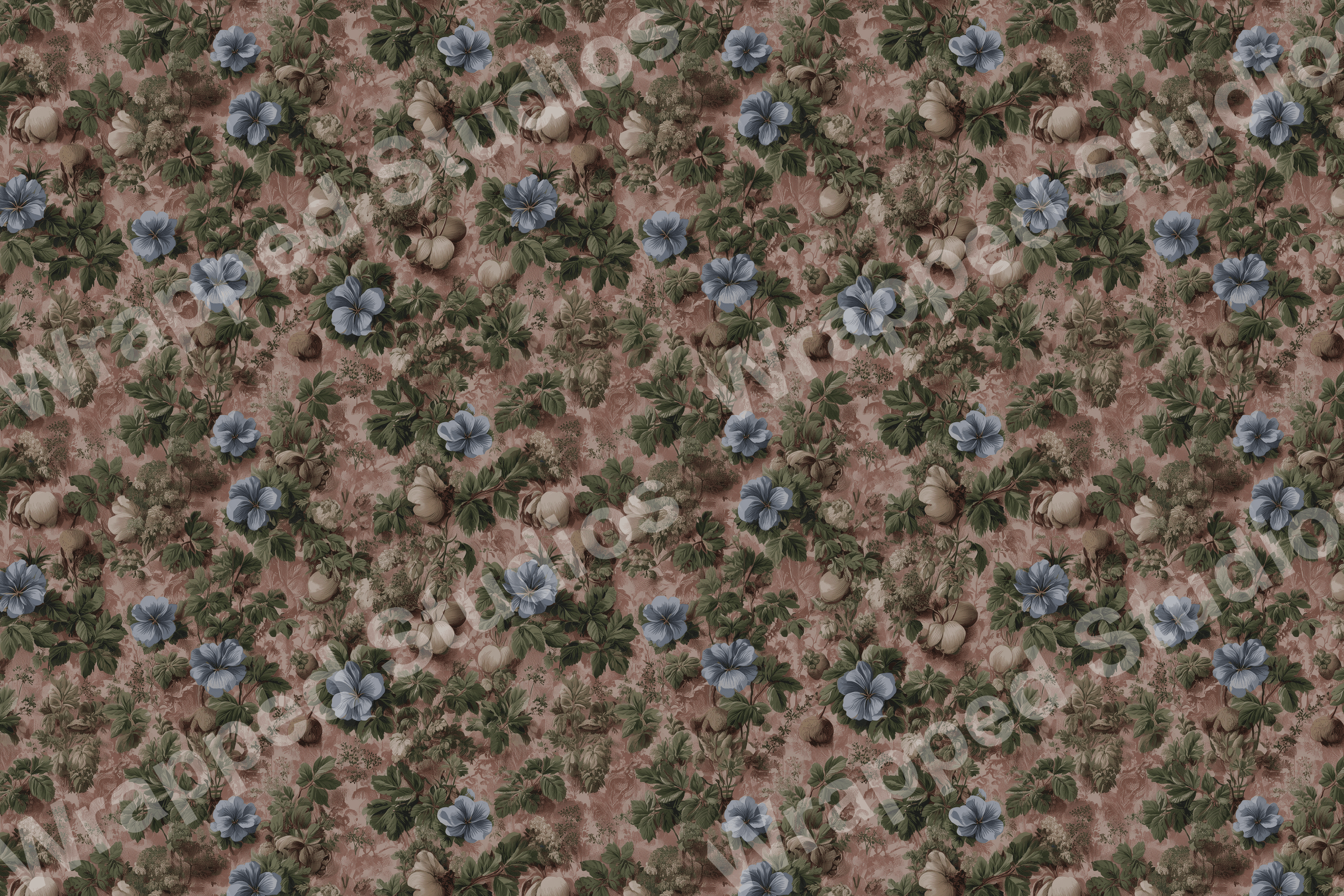 Dusty rose botanical pattern with periwinkle flowers and green foliage, for a vintage aesthetic.