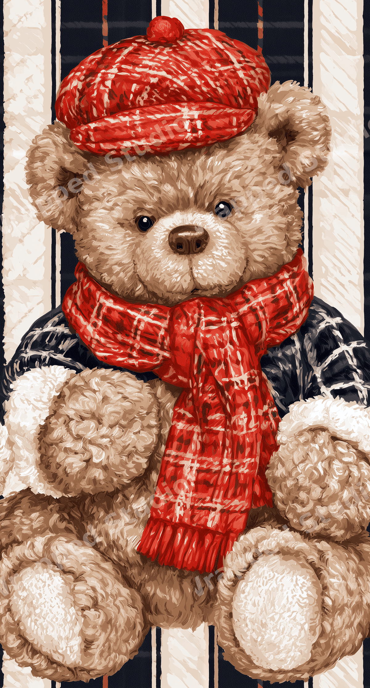 Vintage teddy bear pattern with red plaid hat and scarf on a navy and cream striped background.