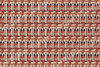 Vintage teddy bear pattern featuring brown bears in red winter hats and scarves on a striped background.