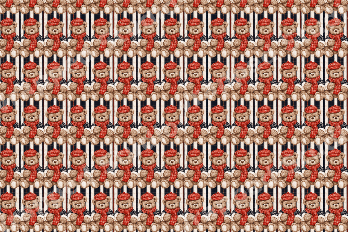 Vintage teddy bear pattern featuring brown bears in red winter hats and scarves on a striped background.
