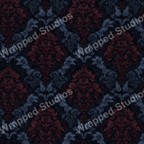 Elegant vintage floral pattern in maroon and blue on a dark ground.