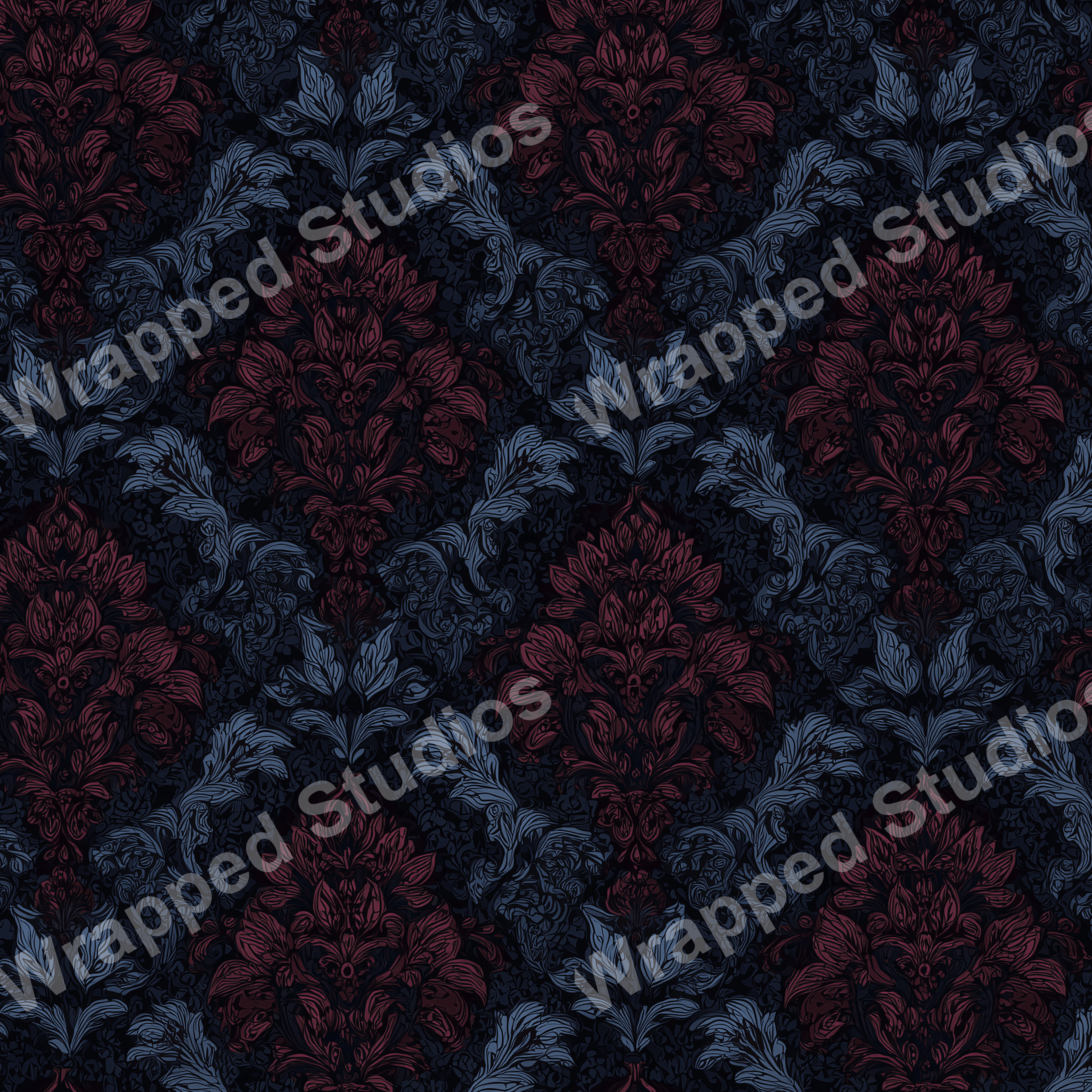 Elegant vintage floral pattern in maroon and blue on a dark ground.