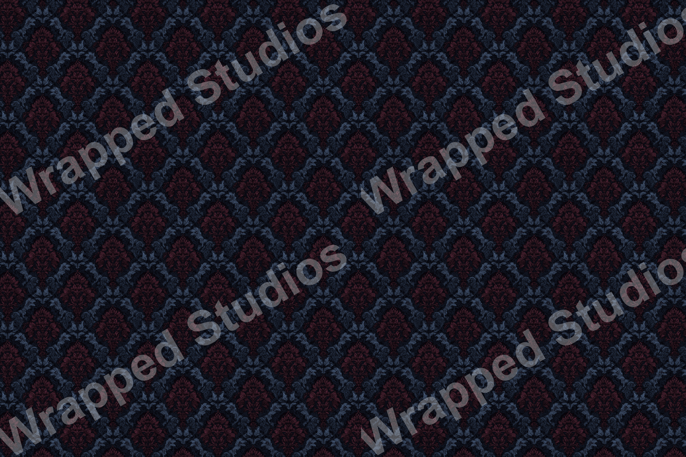 Elegant damask pattern in deep burgundy and muted blue-gray on a dark background.