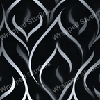 Modern abstract pattern with looping silver ribbons on a dark textured background.