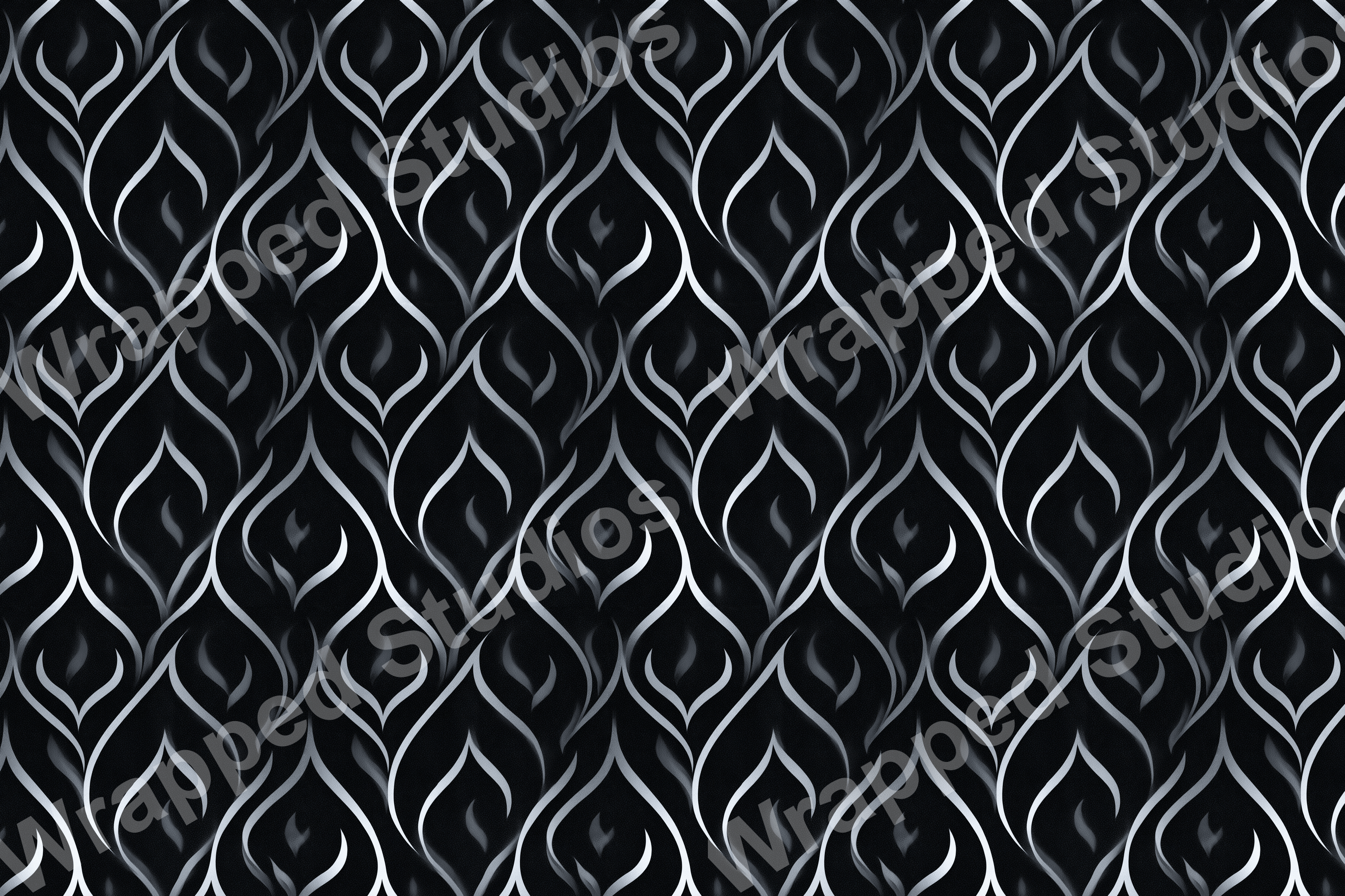 Elegant flowing leaf pattern in metallic silver on a black background.