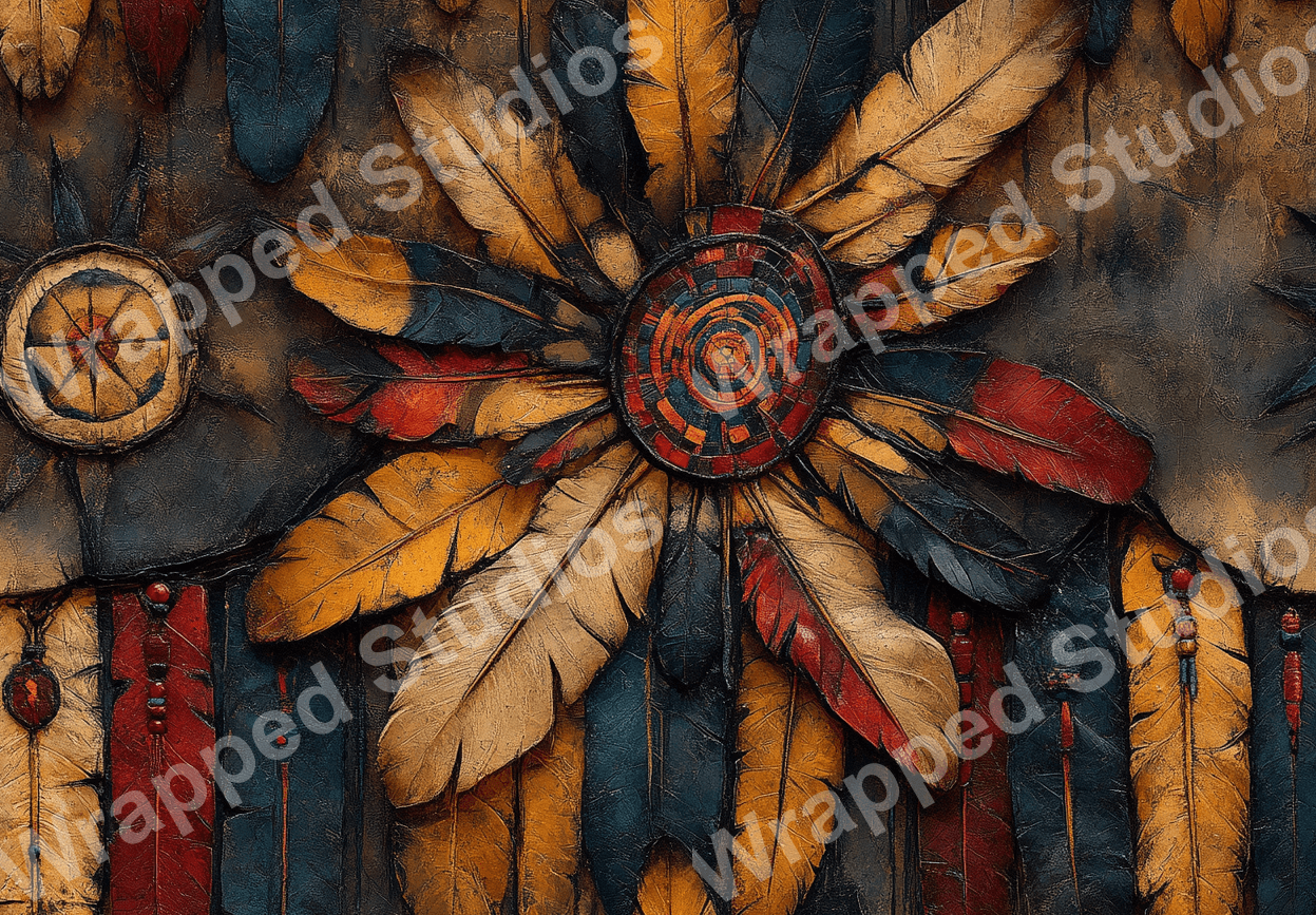 Textured feather pattern in warm golds, reds, and blues with a geometric medallion center.