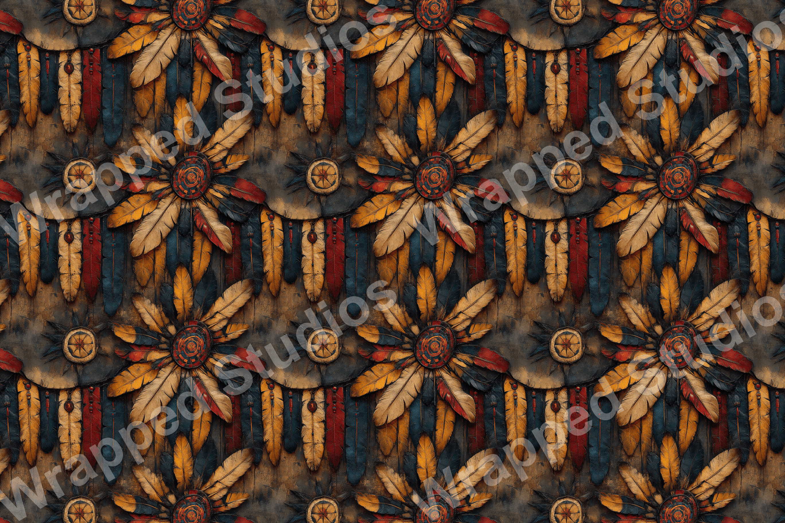 Feather medallion pattern in tribal style with red, navy, and golden hues.