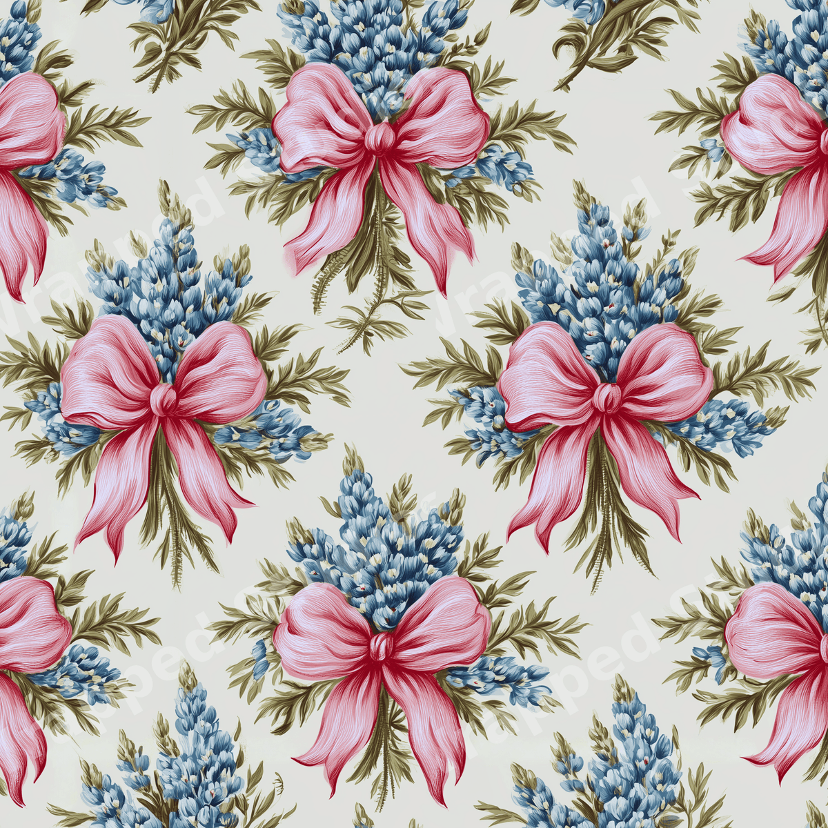 Elegant vintage botanical pattern featuring blue wildflowers tied with pink bows on a cream background.
