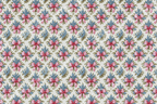 Vintage floral pattern with blue wildflowers and pink coquette details on a cream background.