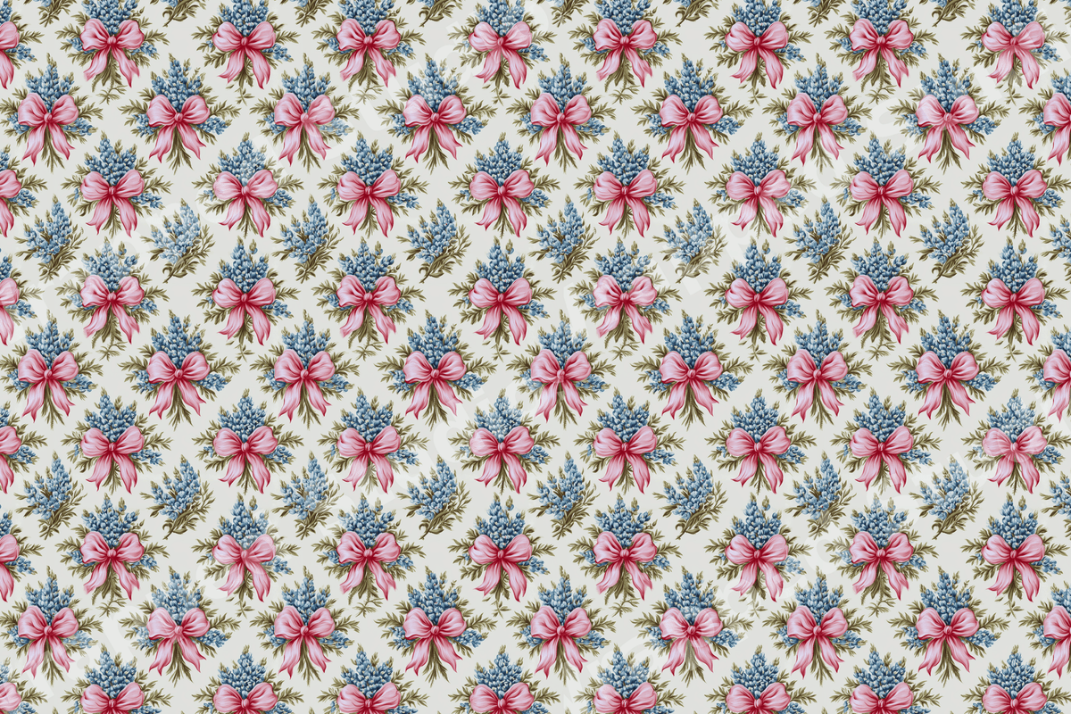 Vintage floral pattern with blue wildflowers and pink coquette details on a cream background.