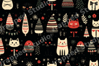 Whimsical folk art Christmas cat pattern with stylized holiday trees on a black background.