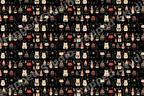 Scandinavian holiday pattern with whimsical folk art cats and geometric Christmas trees on black.
