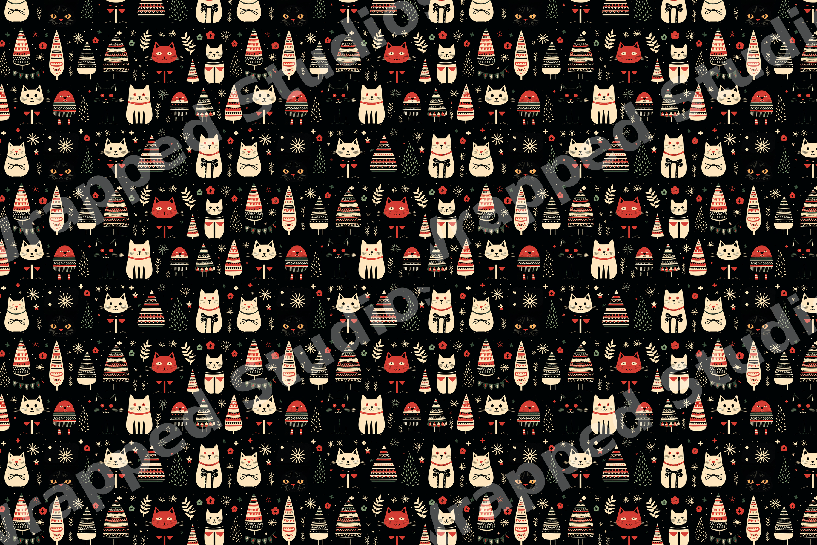 Scandinavian holiday pattern with whimsical folk art cats and geometric Christmas trees on black.